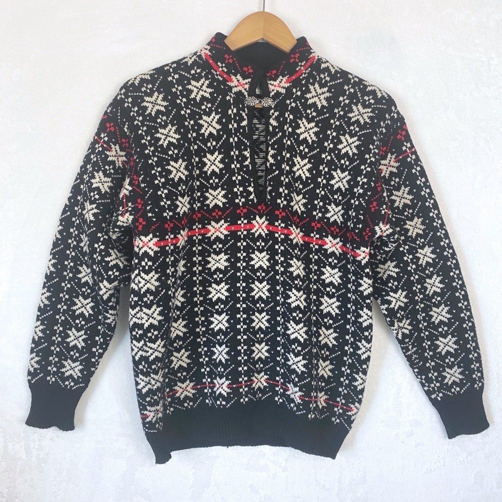 Vermont Stowe Woolens Nordic Fair Isle Sweater Womens‎ LM 100% Wool Silver Clasp